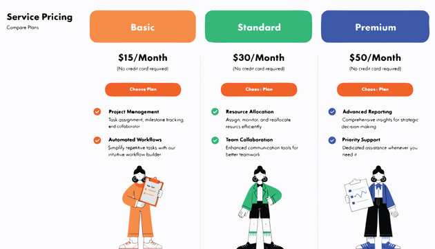 Service pricing table vector graphic illustration comparing basic standard and premium subscription plans with character illustrations