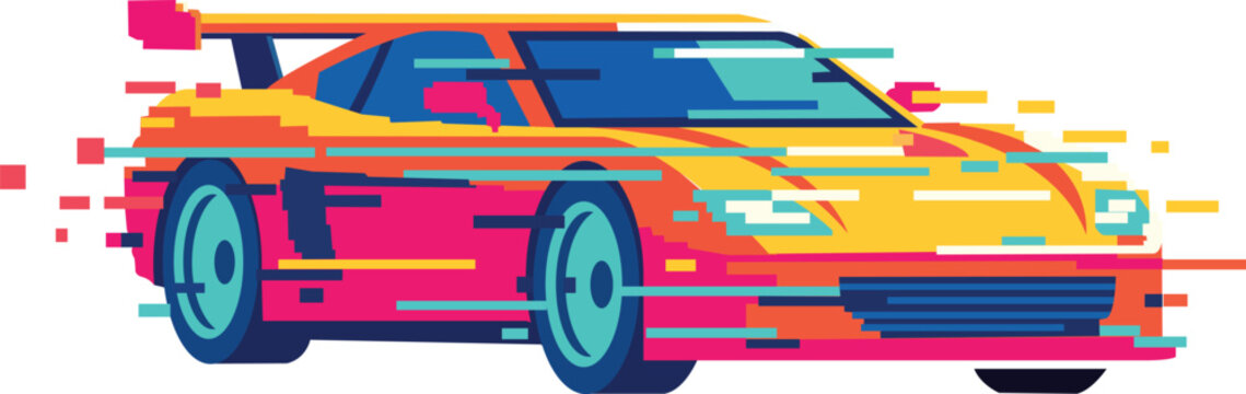Futuristic Glitch Sports Car with Colorful Speed Effects Vector
