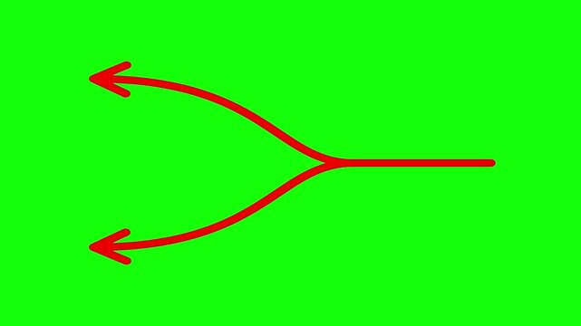 Animated red arrow splitting into two distinct paths, a dynamic decision-making graphic element, ideal for motion design and instructional videos on choices and directions
