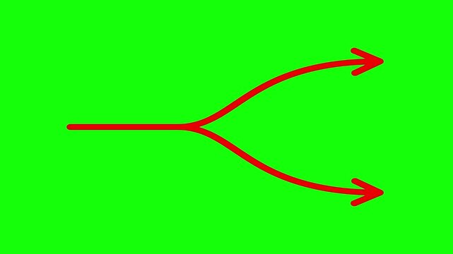 Red arrow splitting into two distinct paths, a branching decision-making concept, divergent choices, and multiple directions on a vibrant green screen background