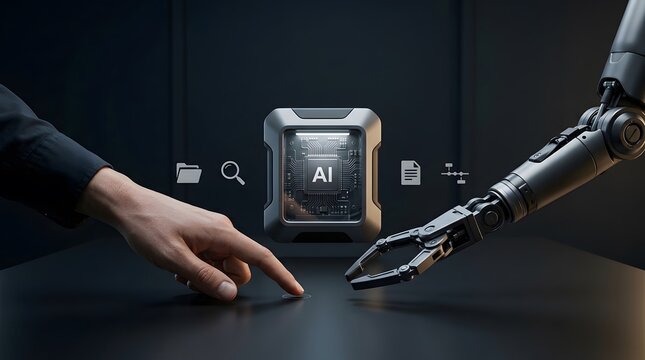 Artificial intelligence, technology and human hand with robot for digital transformation, future and innovation. Machine learning, automation and processor with data icons, chip and development