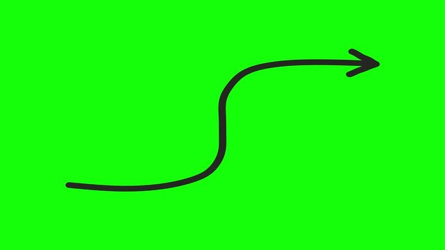 Animated black arrow drawing on a vibrant green screen, a versatile motion graphic element for directional cues and visual emphasis, ideal for explainer videos and presentations.