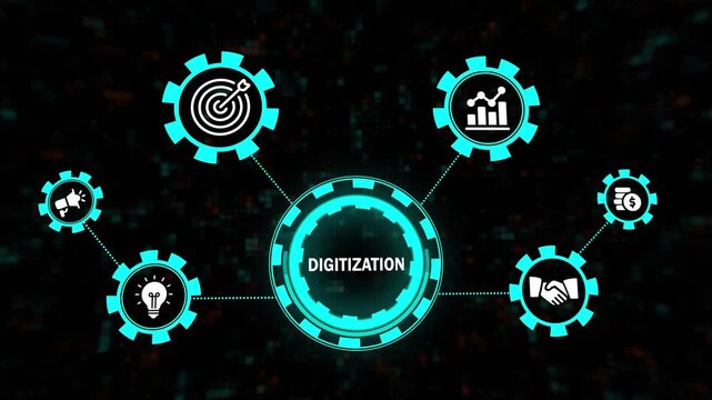 digitization business concept infographic motion graphic. digital transformation and corporate strategy workflow animation. abstract digital data process and business development background.