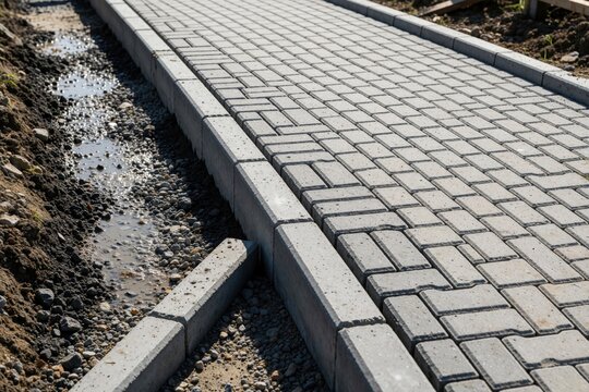 New paved walkway features concrete curbing next to dirt ground. Crew works on urban pathway drainage repair near fresh pavers. Construction site progress shows alignment improvements.
