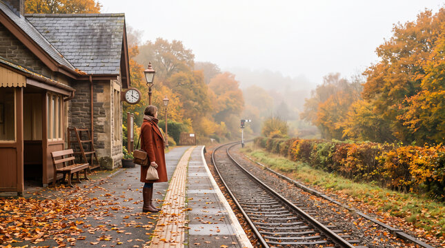 Woman waiting at a rural train station in autumn uk countryside landscape