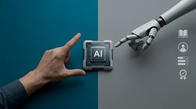 Artificial Intelligence chip, human hand and robot arm for technology innovation, digital future and machine learning. Cybernetics, processor and electronics for business automation and progress