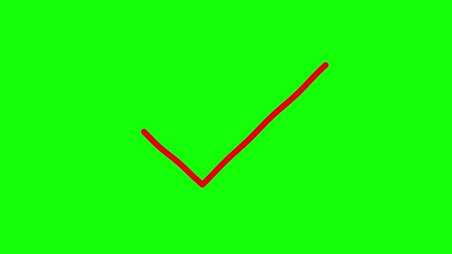 Animated red checkmark drawing on a vibrant green screen, hand-drawn approval symbol, success and completion concept, ideal for explainer videos and motion graphics