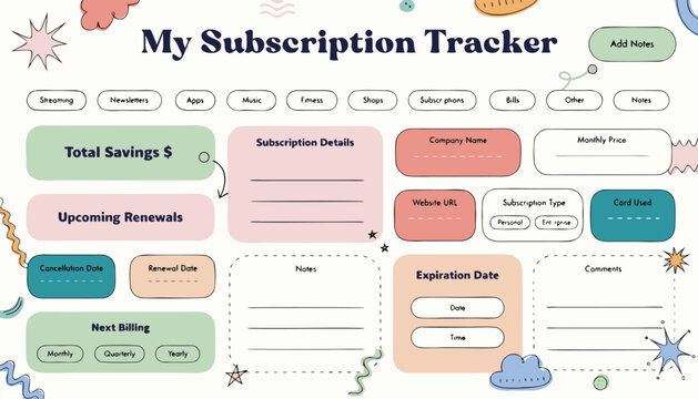 Colorful vector subscription tracker graphic design template featuring cute pastel boxes for organizing monthly bills and financial expenses