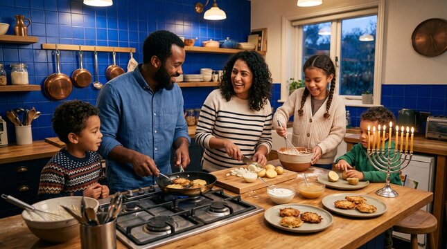 Family celebrating Hanukkah cooking latkes together in a cozy kitchen with menorah lit