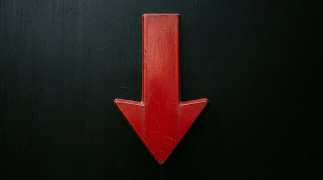 A bold red arrow pointing downwards against a textured dark background, symbolizing direction and decline