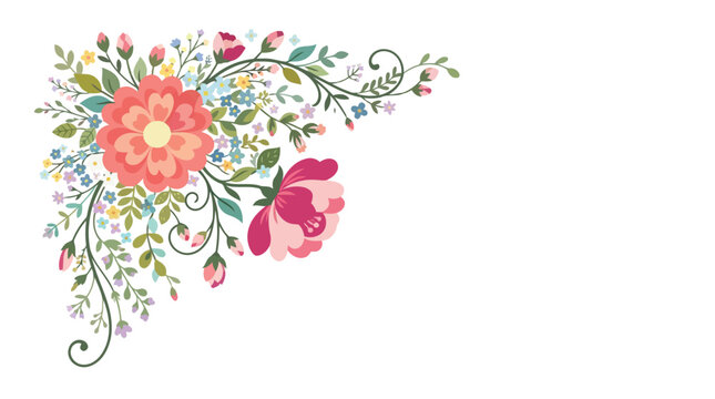 Floral decorative corner with pink flowers and green leaves