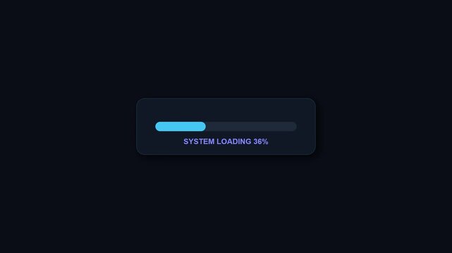 Blue luminous loading bar filling smoothly across dark interface while digital percentage text scales upward representing system software update.