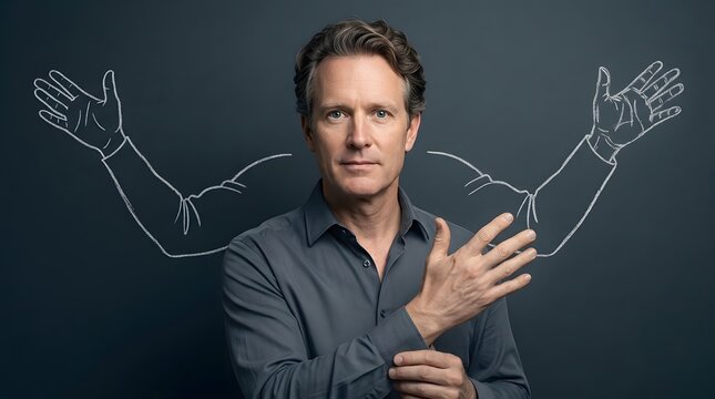 Leadership, creative professional and multitasking man with chalk drawing hands on background for business growth. Executive, vision and imagination in office with strategy, skill, success and ideas