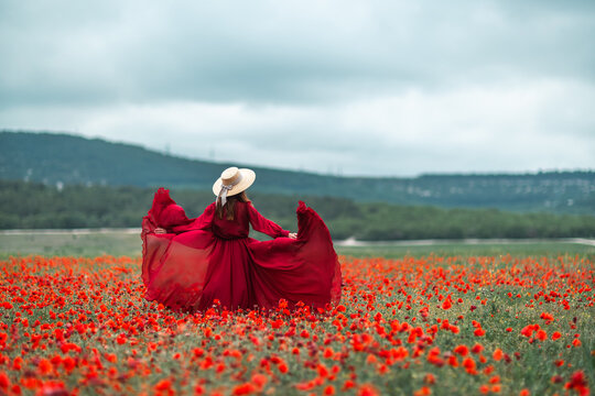 Woman poppy field red dress spinning hat countryside landscape