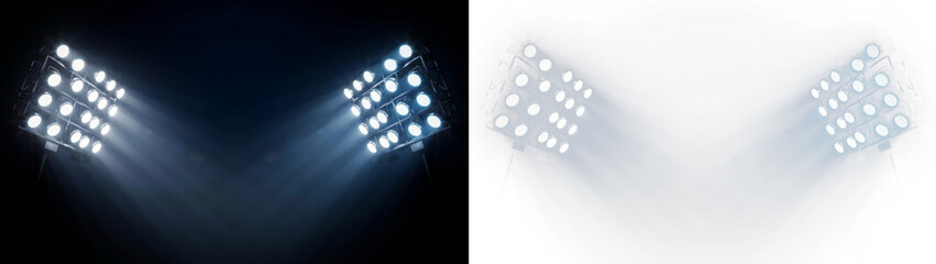 Fototapeta premium Collage of two stadium floodlights with glowing light beams, one on dark black and one isolated on transparent background