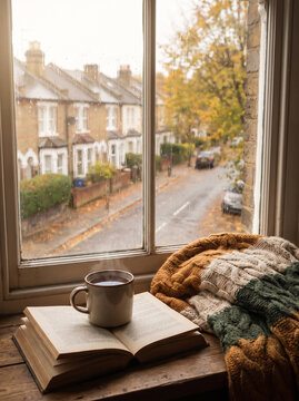 Rainy day view from a window with a book and hot drink cozy autumn scene