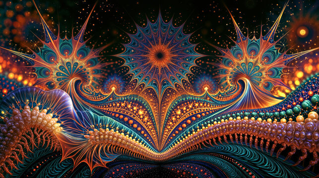 Radiant psychedelic fractal composition with featherlike curves starbursts and intricate bead patterns