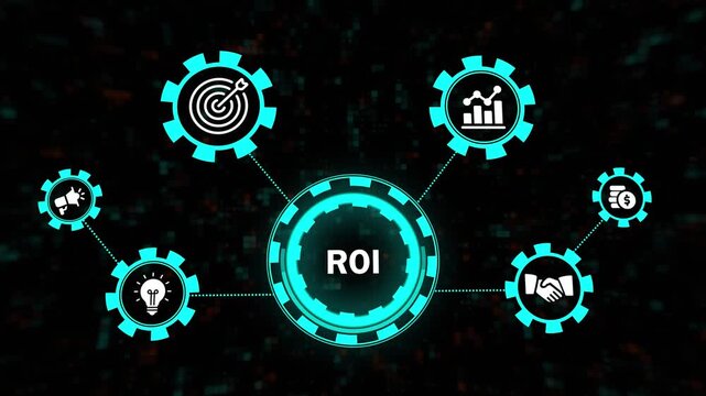 roi return on investment business strategy infographic animation. corporate financial data analysis with roi conceptual motion graphic. business performance & return on investment technology dashboard