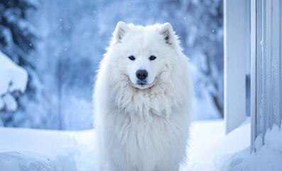 Fototapeta premium A majestic, fluffy white dog stands calmly in a serene, snowcovered landscape. This winter scene, with no people, captures pure elegance and joyful companionship in a peaceful, frosty setting.