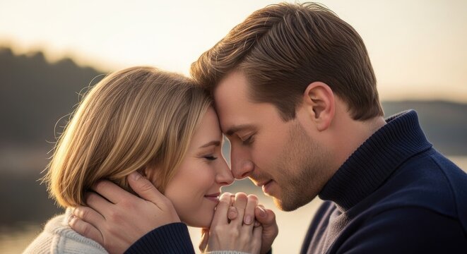 Affectionate couple embracing outdoors during golden hour.