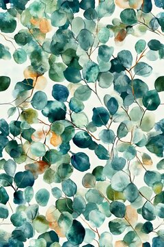 Seamless Watercolor Pattern Featuring Delicate Eucalyptus Leaves and Foliage in Soft Green Tones