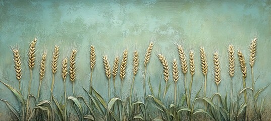 Obraz premium Elegant Wheat Stalks Growing in Pastel Seafoam Green Watercolor Design with Floral Texture Motif.