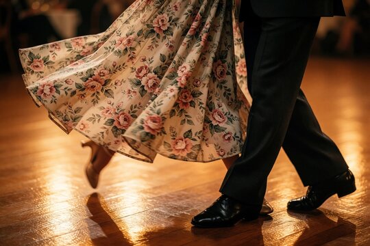 Close up of dancing couple legs on wooden parquet floor. Woman wears floral skirt, high heels man moves in black suit trousers, formal shoes. Romantic ballroom dance motion with elegant footwork in