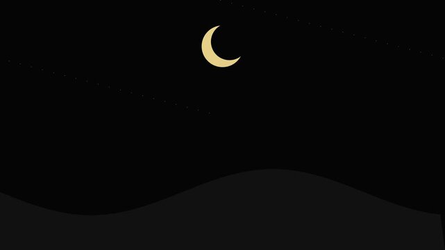 Golden crescent moon and stars over dark wavy hills landscape