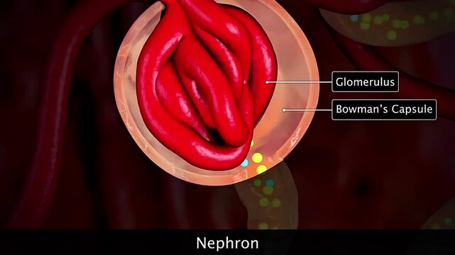 Nephron anatomy showing renal corpuscle, tubules, loop of Henle, and collecting duct structures.