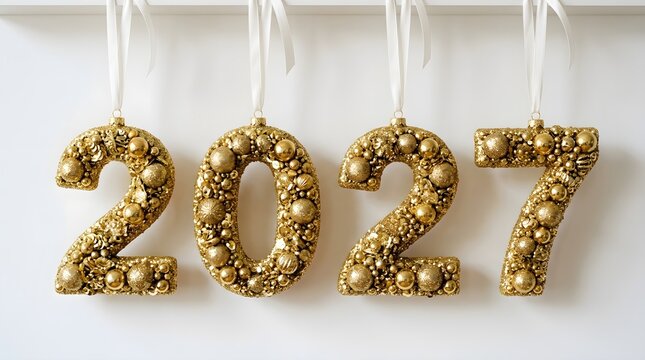 Golden numbers two zero two seven hanging as ornaments for the new year