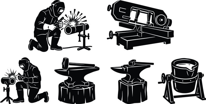 Metalwork workshop and heavy blacksmithing industry solid black silhouette vector element set featuring welders band saw anvil hammer and melting crucible