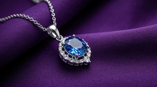 Elegant silver necklace with large blue gemstone pendant rests on purple fabric. Luxury jewelry piece features sparkling diamond halo surround. Close up macro shot shows shiny metal chain, precious