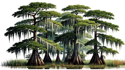 Obraz premium Modern illustration of cypress trees in swamp. Spanish moss hangs from green branches over calm water in wetland marsh. Tropical forest landscape with tall trunks, marsh grass. Nature elements for