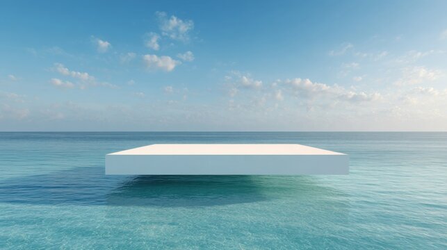 Cinematic ultra realistic advertising background showing a single minimalist white architectural platform floating just above calm turquoise ocean