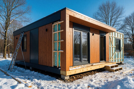 Workers build modern modular house with sip panels in snowy forest. New prefabricated home construction site features wood facade, large glass doors. Residential prefab structure on assembly process