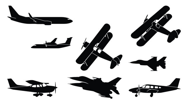 Airplane silhouettes vector illustration collection featuring commercial jets biplanes fighter aircraft and prop planes 