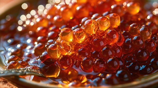 Extreme macro close-up of glossy red orange salmon caviar fish roe with vivid spherical detail