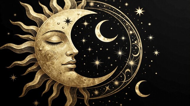 Artistic gold sun, moon face with stars in dark night sky. Celestial bodies form circular frame with crescent moon, glowing stars. Mystic solar, lunar symbol design for spiritual, fantasy, zodiac