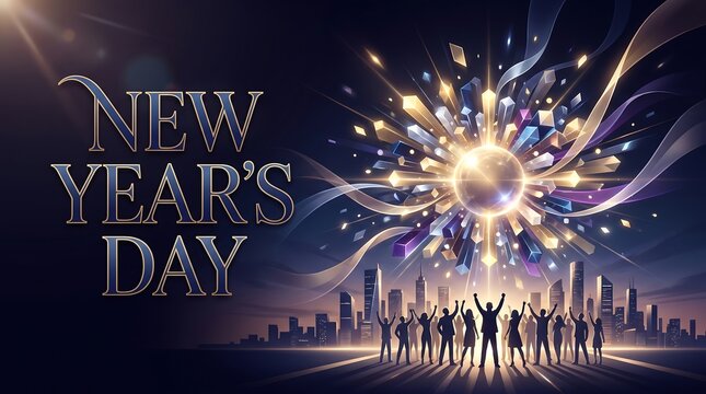 New Year's Day Celebration with Cheering People Silhouette and Glowing Abstract Fireworks over Modern City Skyline