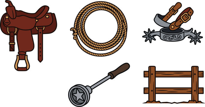 Wild west cowboy ranch equipment flat vector icon set featuring a leather horse saddle lasso rope spurs branding iron and wooden fence