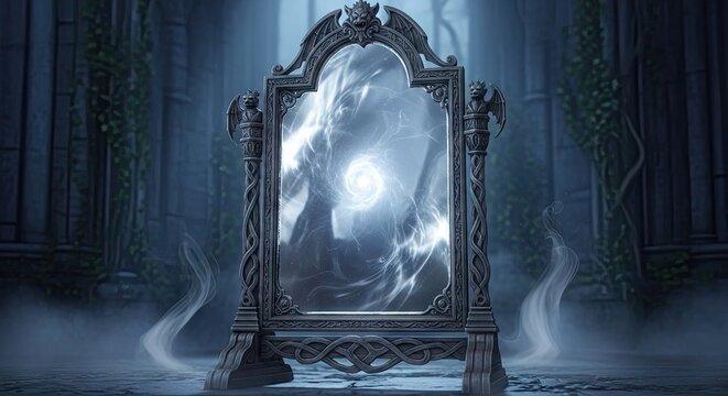 Ancient stone portal frame with swirling magical energy.
