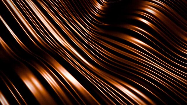 Looped elegant background with smooth glossy waves resembling melted caramel or chocolate. Orange brown fluid substance with dimensional stripes and bright metallic reflections. Seamless loop 4K 60fps
