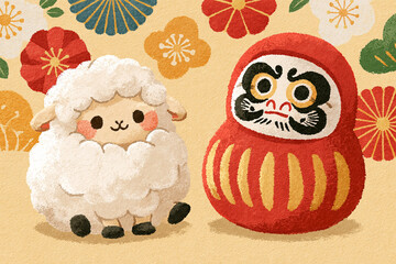 Obraz premium Cute Lamb and Daruma Doll with Japanese New Year Decorations