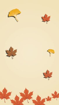 Vertical autumn background featuring falling maple and ginkgo leaves with copy space on a warm beige backdrop. Ideal for social media stories, mobile flyers, and fall seasonal announcements.