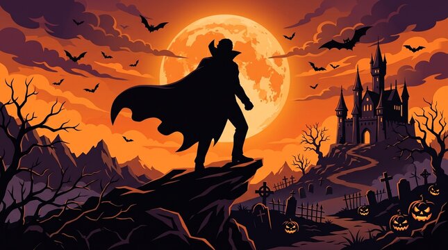 Atmospheric Halloween vector illustration of a Dracula vampire silhouette in a cape standing on a cliff overlooking a cemetery, pumpkins, and a castle under a full moon.