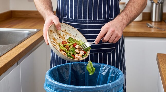 Person in apron throwing leftover salad into a kitchen trash can with copy space