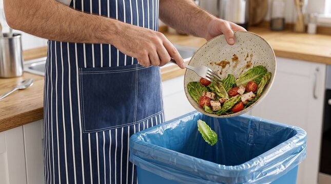 Person in apron discarding leftover salad into a kitchen trash can with copy space
