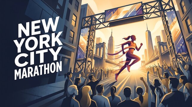 New York City Marathon Illustration of Female Runner Crossing Finish Line with NYC Skyline Background
