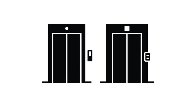 Two elevator silhouettes depict upward and downward directions on a white background lifts vertical transport building