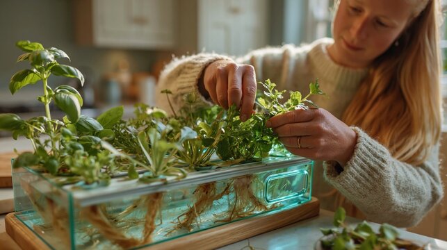Young woman harvesting fresh microgreens from a home hydroponic tabletop garden in a cozy kitchen setting
